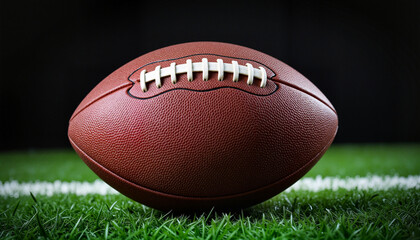 Obraz premium Close-up view of a leather football on green turf with a black background, sports action