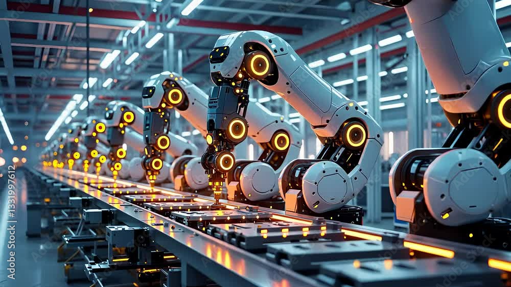 Poster advanced robotic arms operating on an automated assembly line in a high-tech industrial manufacturin