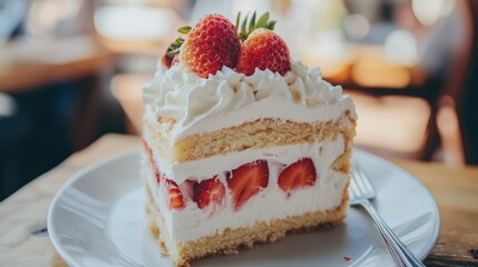 A delicious looking strawberry cake slice on a white plate