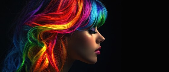 Naklejka premium Striking profile of woman with rainbow hair against dark backdrop