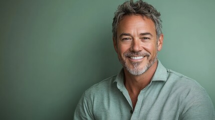 Fototapeta premium Portrait of a cheerful farmer confidently smiling at the camera, a handsome middle-aged male model dressed in a shirt, set against a pastel green background.