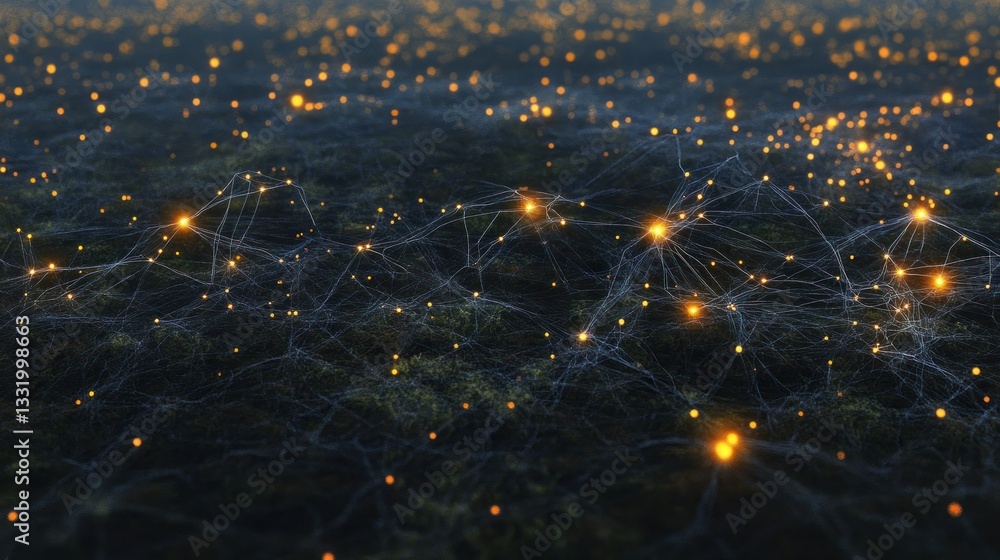 Poster A complex network of glowing nodes and interconnected filaments
