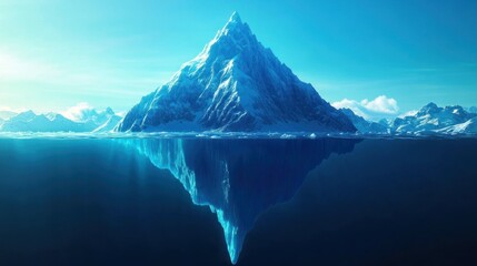 A large iceberg floats on the ocean with its reflection visible