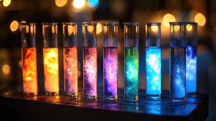 Scientists analyze chemical reactions of colored liquid solutions and examine biological fluids in test tubes.