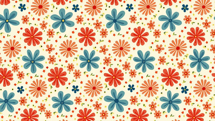 Bold and Bright Retro Floral Seamless Pattern: Vibrant Color Schemes for Dynamic Spring Spaces - Perfect for Photo Stock with Left Side Empty Space