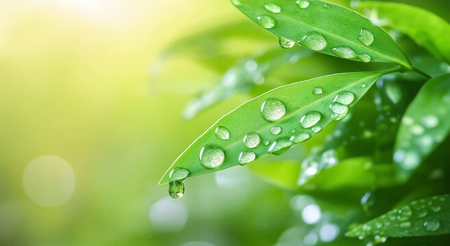 Close-up de folhas verdes exuberantes de samambaia com gotas de &aacute;gua, profundidade de campo rasa, fundo suave.