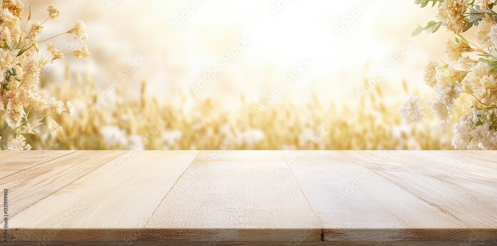 Poster a serene wooden table in front of a sunlit field, surrounded by soft floral elements, creating a war