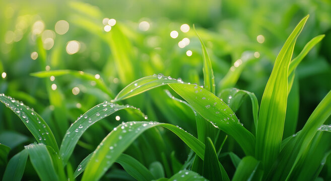 Close-up de folhas verdes exuberantes de samambaia com gotas de &aacute;gua, profundidade de campo rasa, fundo suave.
