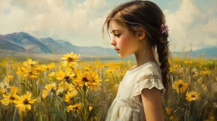 Fototapeta premium young girl in a field of yellow flowers