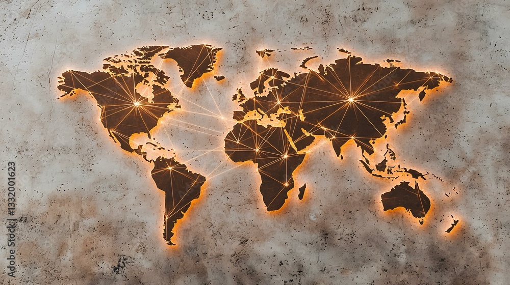 Poster a backlit world map etched into a textured concrete wall, illuminated with glowing lines connecting 