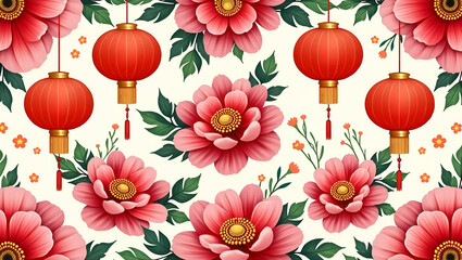 Vibrant Red Chinese Lanterns and Lush Pink Peonies: A Seamless Tile Pattern for Festive Home Decor in a Cute Vector Illustration Style