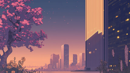 花々が咲き誇る都会の夕暮れ｜ネオンと高層ビルの幻想的な景観｜ピンクとブルーに染まるロマンチックな空｜近未来都市のスカイラインと自然の融合｜静寂に包まれた夕焼けの都会｜幻想的な夜の始まりと美しい都市風景