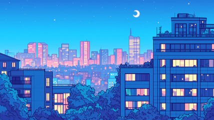 花々が咲き誇る都会の夕暮れ｜ネオンと高層ビルの幻想的な景観｜ピンクとブルーに染まるロマンチックな空｜近未来都市のスカイラインと自然の融合｜静寂に包まれた夕焼けの都会｜幻想的な夜の始まりと美しい都市風景