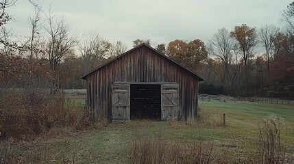Obraz premium An aged wooden barn stands in a field with nature around it
