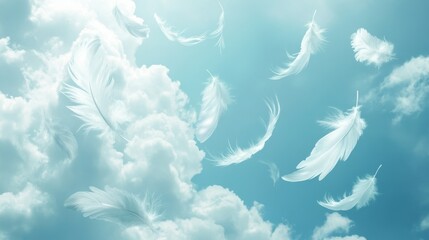 A peaceful composition of dove feathers floating through a soft sky-blue background