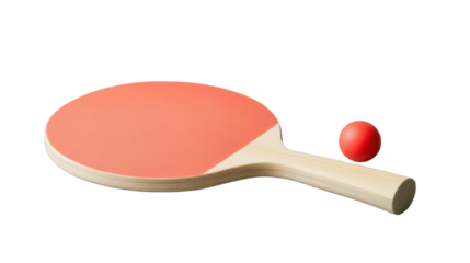 Ping pong paddle and ball lying on transparent background