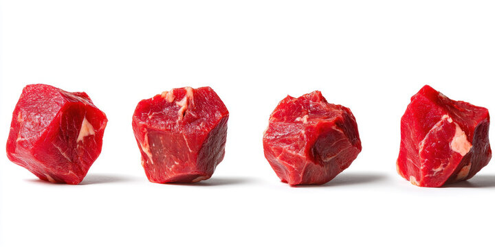 Four raw boar meat cubes isolated on white background