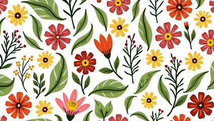 Vibrant Summer Flower Pattern with Lush Green Leaves and Colorful Petals for a Fresh Garden Aesthetic - Simple Flat Vector Illustration for Business Use