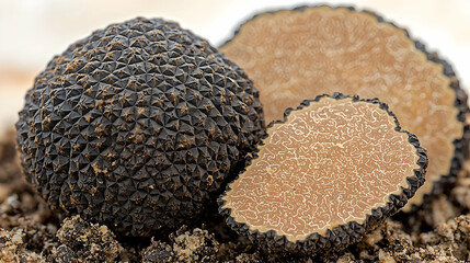 Gourmet Black Truffle Sliced Closeup on Soil. Culinary Delicacy, High-End Food Photography
