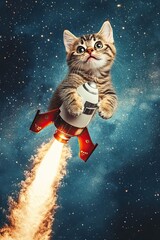 Naklejka premium Cute cat riding a rocket with fiery thrusters soaring through a glowing cosmic galaxy filled with stars and nebula