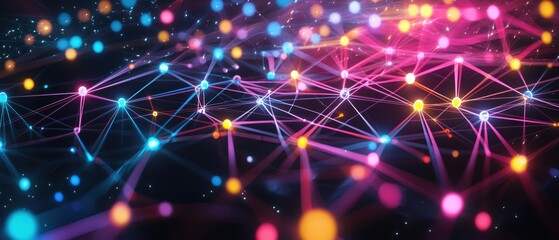 Glowing nodes connecting in a dark space with neon light paths