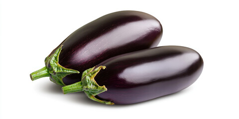Two fresh eggplants with green stems on white background