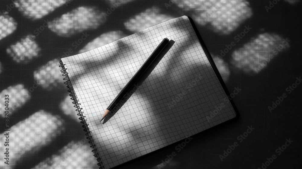 Poster a notebook with a pencil is placed on a textured surface