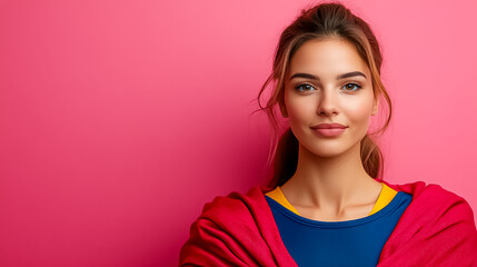 Fototapeta premium Confident Young Woman With Red Shawl And Blue Top Against A Pink Background