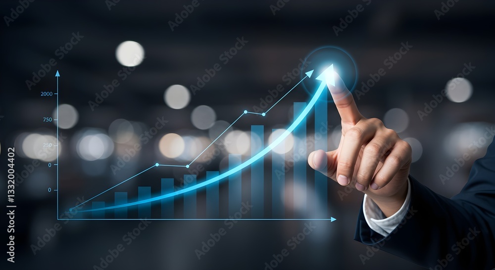 Poster a business professional points at a digital graph showing upward growth, symbolizing success and pro