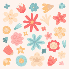 Cute cartoon flowers. Hand-drawn set. Children illustration isolated on beige background. Vector design elements for greeting card or invitation