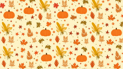 Harvest themed seamless tile pattern with corn cobs pumpkins and fall leaves in warm tones concept as Corn cobs pumpkins and fall leaves in warm tones create a harvest themed seamless tile pattern in 