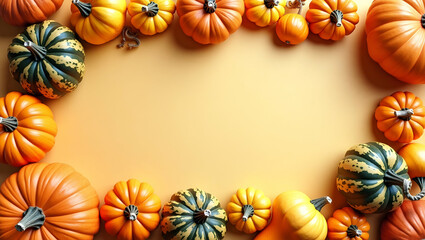 Fototapeta premium Assorted Pumpkins and Gourds Border Frame: Create Autumn-Themed Thanksgiving Messages with Empty Space for Text - Perfect Photo Stock Concept for Fall Celebrations