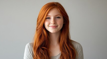 Naklejka premium A girl with long red hair in casual attire smiles at the camera against a light gray studio backdrop.