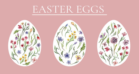A beautiful set of Easter eggs decorated with delicate watercolor wildflowers in red, blue, yellow, and purple. Hand painted floral compositions on a pastel pink background, perfect for spring designs