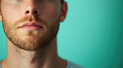 Obraz premium Close-up of a man on a green background featuring a blue comment mark.