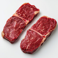 Fototapeta premium Two raw venison steaks on white background, showcasing marbling