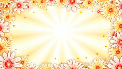 Cheerful Floral Summer Pattern with Vibrant Blooms and Radiant Sun Beams - Perfect for Bright Lively Designs in Photo Stock with Empty Space on the Left Side