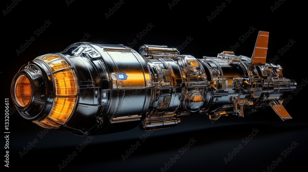Poster a futuristic spacecraft engine showcasing intricate technological components on display