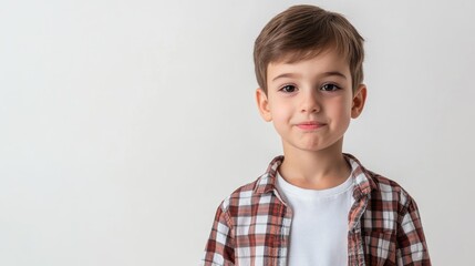 Emotions of children. Portrait of an adorable young boy in a checkered shirt over a white t-shirt, gazing at the camera with a look of discontent. White studio background with space for text.