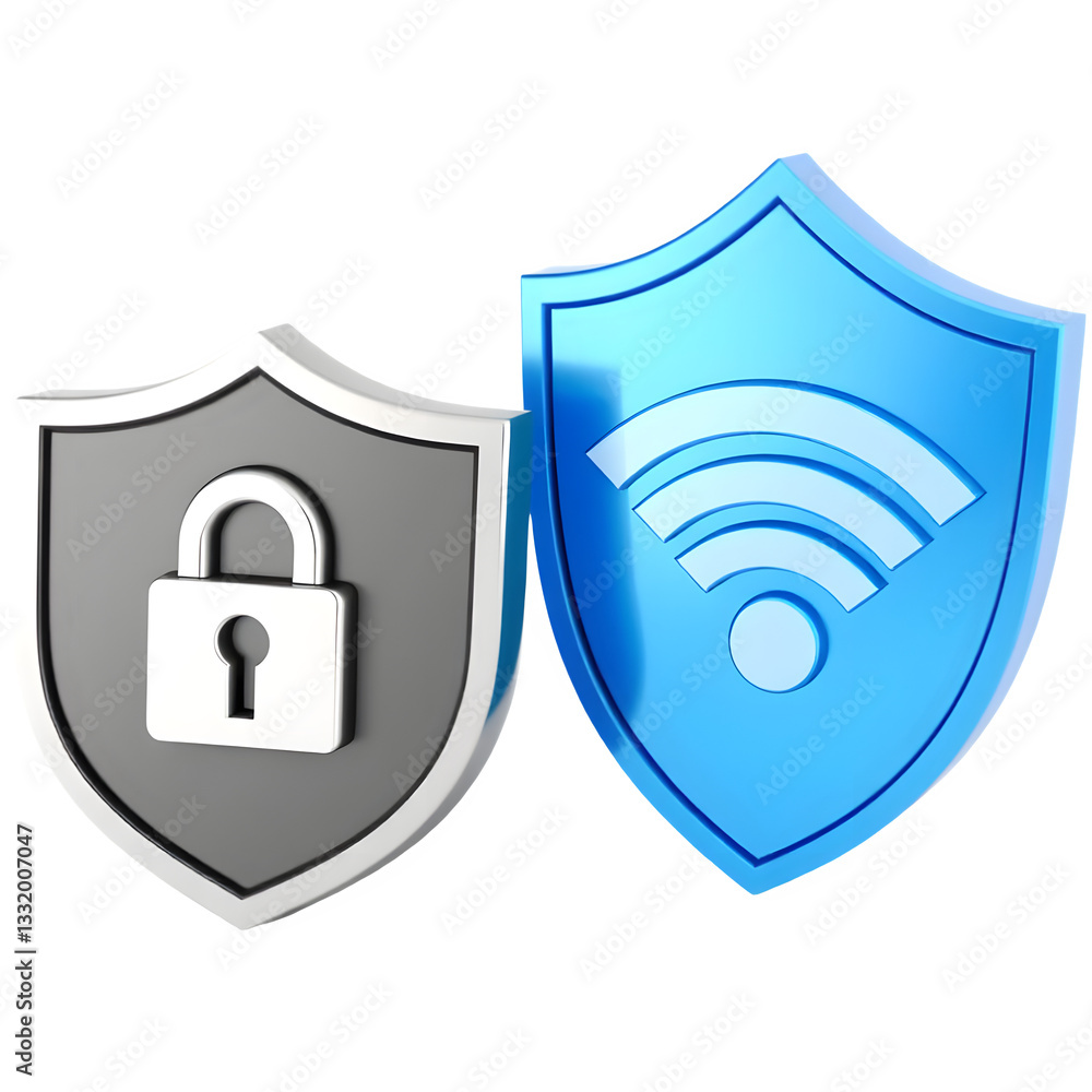 Poster two shields representing cybersecurity, one with a lock symbol and the other depicting a wi-fi signa