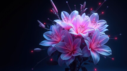 Obraz premium Mother's Day, Valentine's day floating holographic bouquet made of translucent roses and lilies, shimmering in shifting shades of purple, blue, and pink