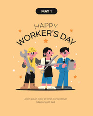 Happy Worker's Day Celebration Cute and simple style. Engineer, hairdresser, office worker.