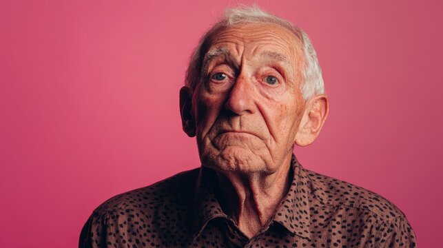 Portrait of a flustered elderly man against a pink backdrop