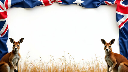 Playful Kangaroos and Vibrant Australian Flag Frame: Festive Copy Space for Australia Day Messages in Photo Stock Concept with Empty Left Side