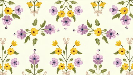 Nostalgic Spring Floral Patterns: Vintage Lavender & Yellow Flowers in Soft Pastels for Photo Stock