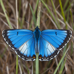 Vibrant blue butterfly perched on grass stem, meadow background; nature, wildlife, insect photography