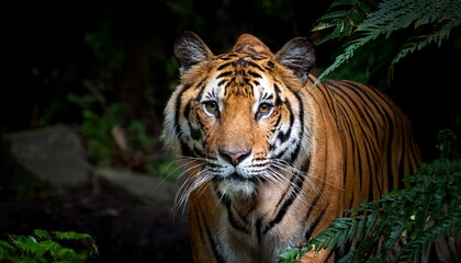 Obraz premium Indochinese tiger, tiger, big cat, prowling, predator, stealth, endangered species, rare, wildlife, forest, taiga, jungle, feline, wild cat, natural habitat, majestic, camouflage, hunting, tropical fo