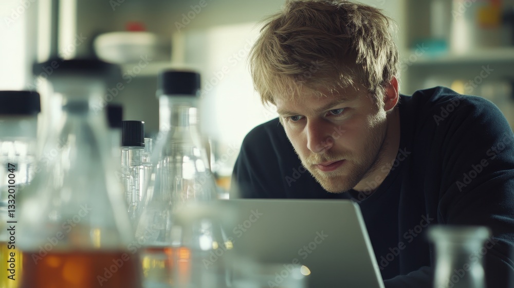 Poster a focused scientist is analyzing data on a computer screen