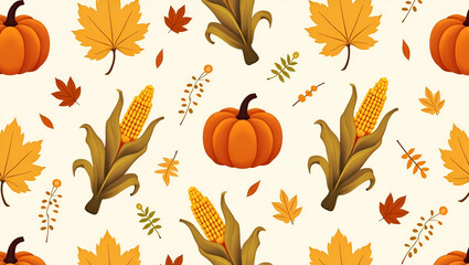 Fototapeta premium Cozy Autumn Harvest Pattern: Corn Stalks, Pumpkins & Fall Leaves