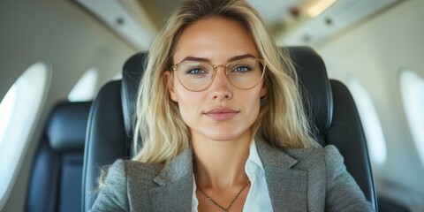 Confident businesswoman travels on private jet while preparing for important meetings